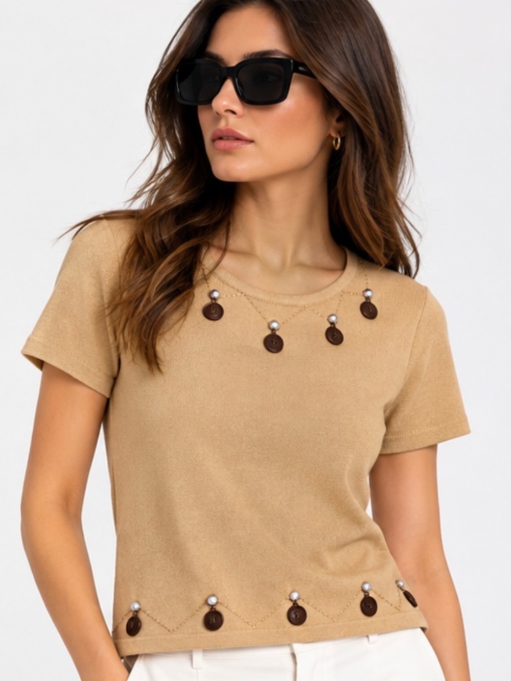 Finity Women’s Beige Embellished Knit Top Size M Beaded Charm Short Sleeve